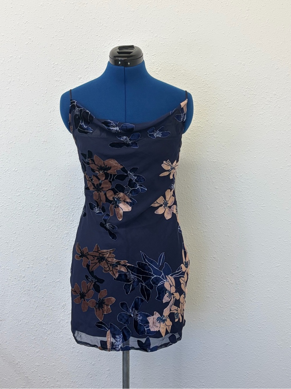 Saints+Secrets Ninety Kisses Navy Mocha Print Velvet Burnout Slip Mini Dress S